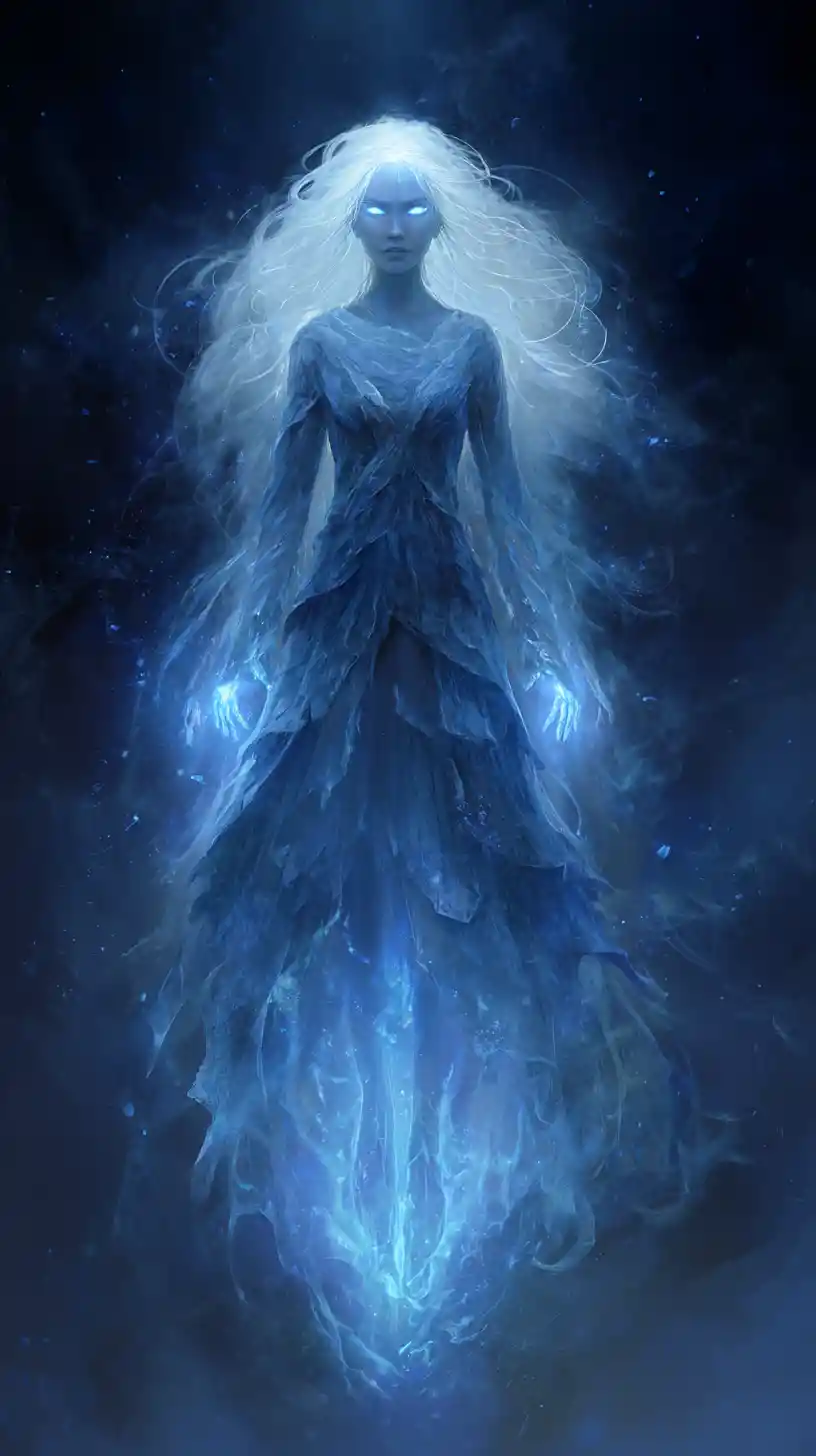 Ghostly ethereal woman glowing in swirling mist