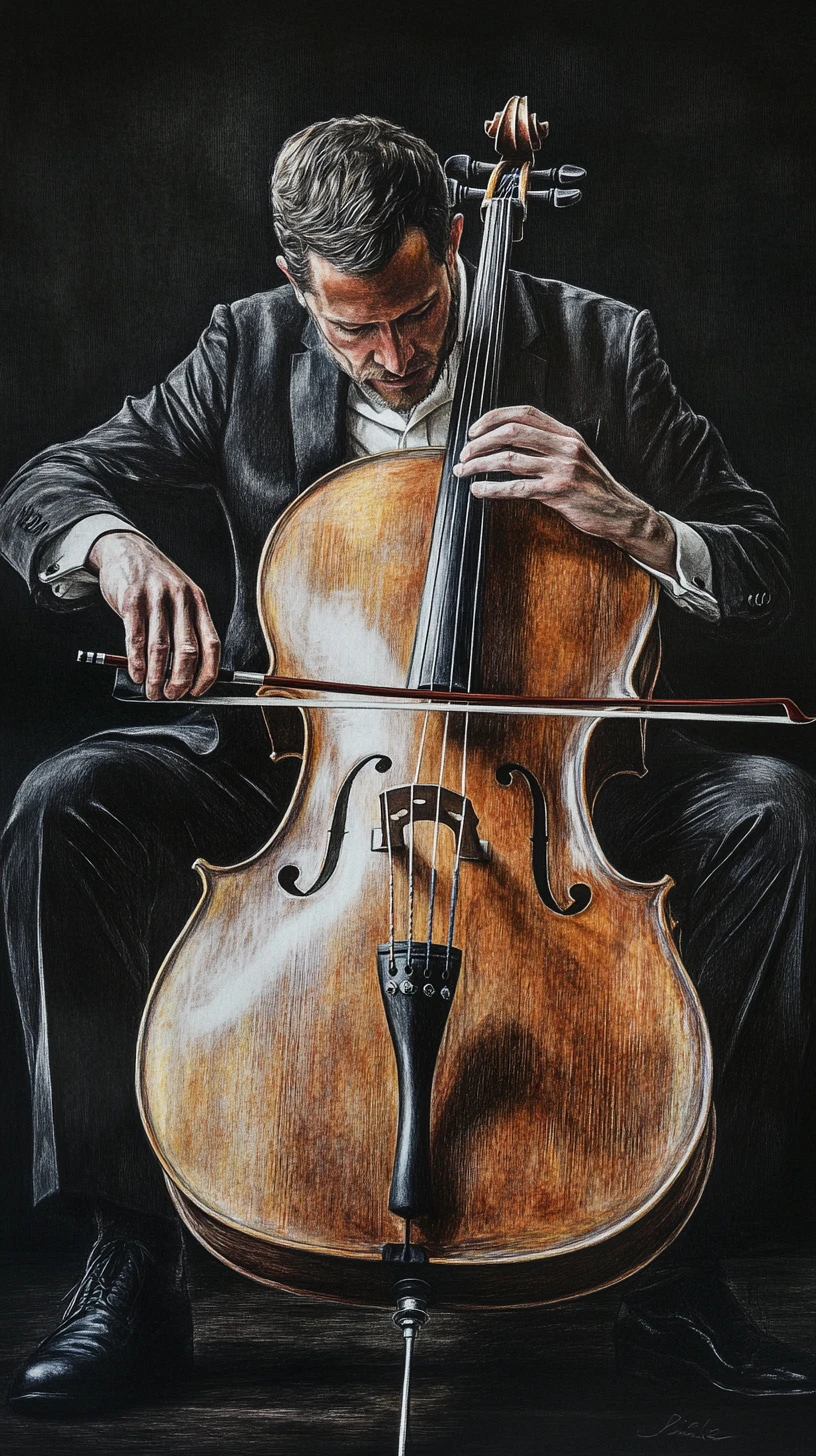 Cellist In Dark Suit Playing Cello With Dramatic Lighting