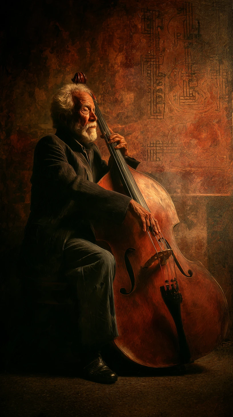 Contrabbassista anziano immerso in una musica piena di anima