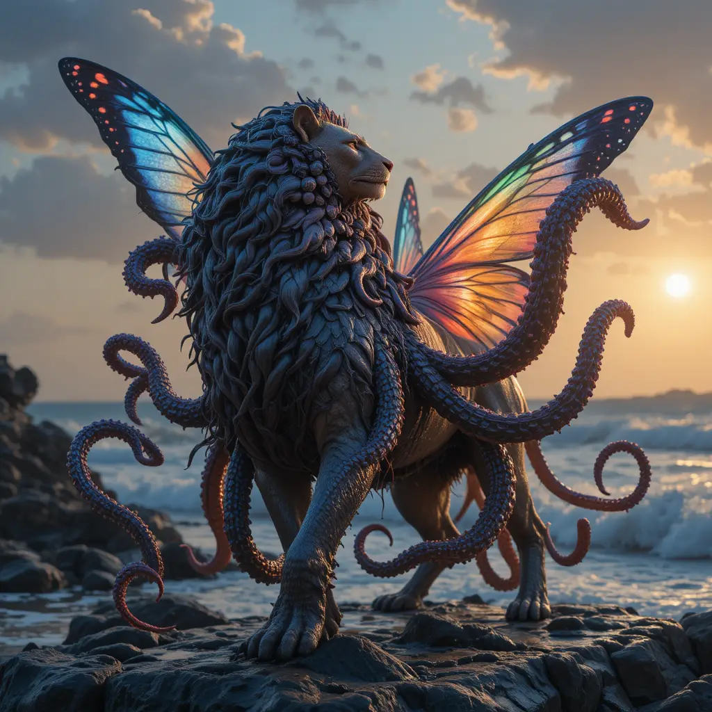 Maestoso leone chimera con criniera di farfalle sulla riva al tramonto