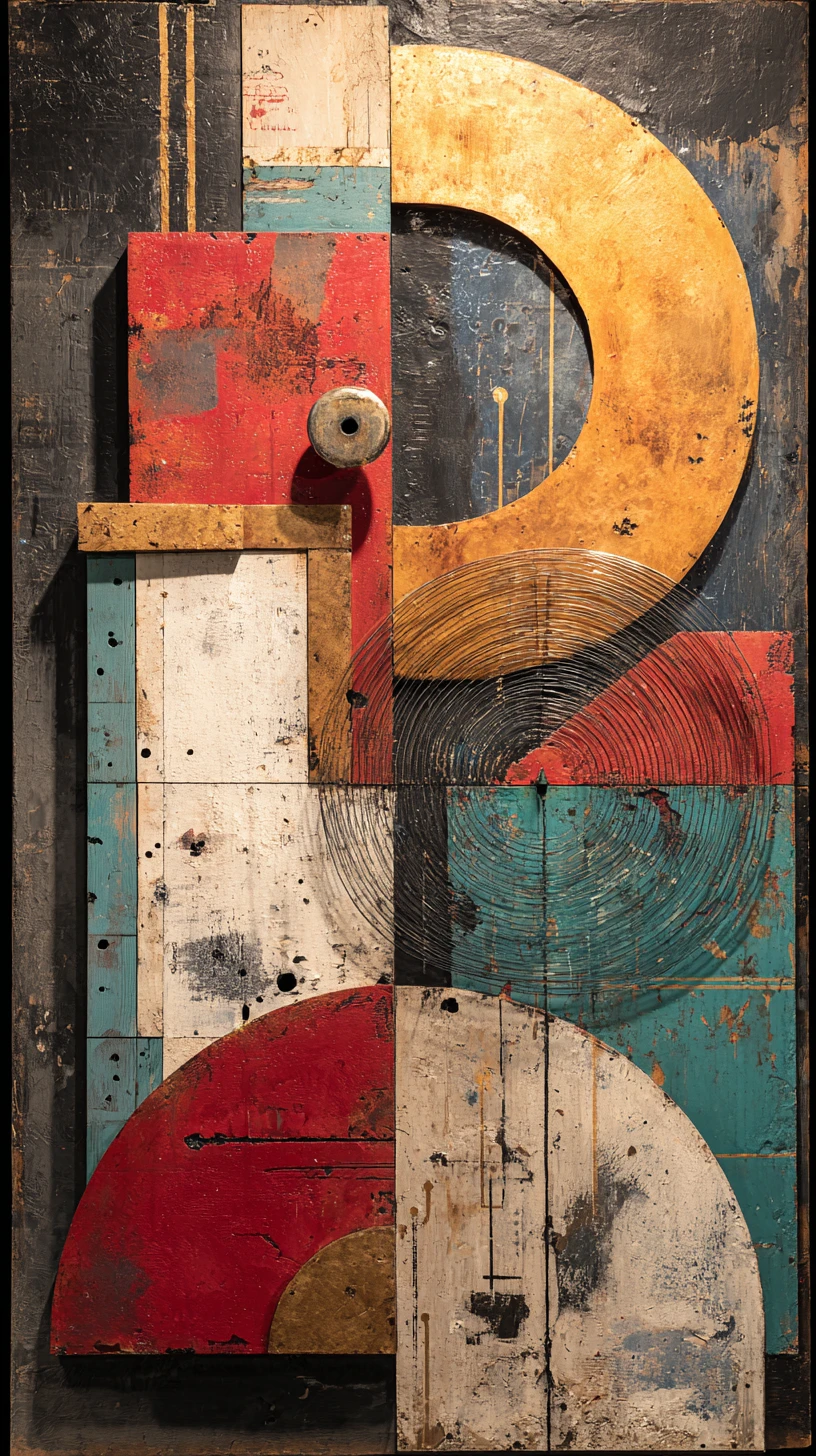 Vertical mixed media abstract with layered geometric forms