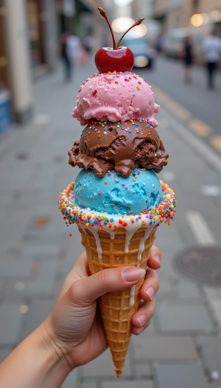 Cono waffle gigante con palline di gelato colorate che si sciolgono