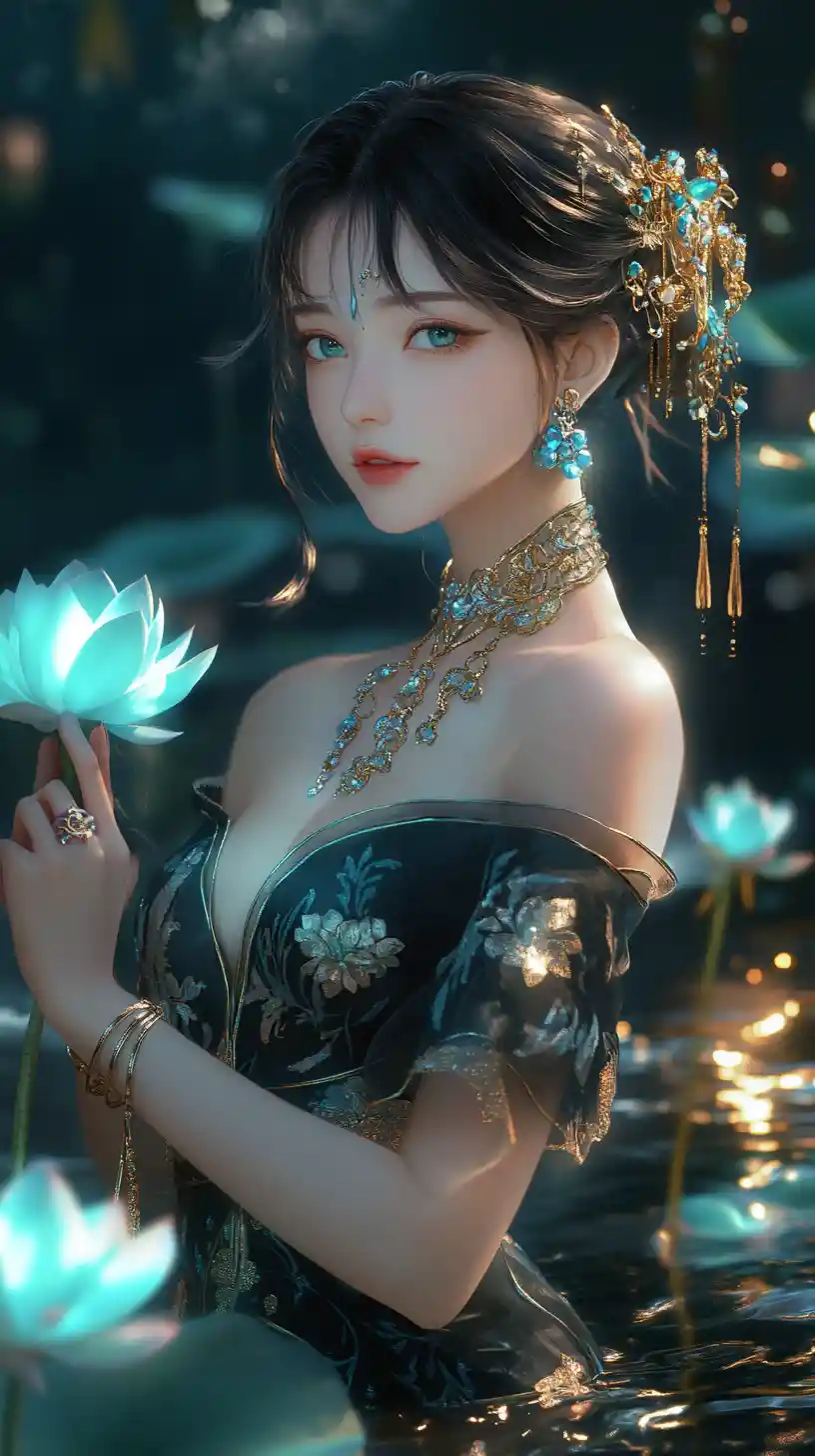 Elegant woman in black cheongsam amid glowing lotus pond