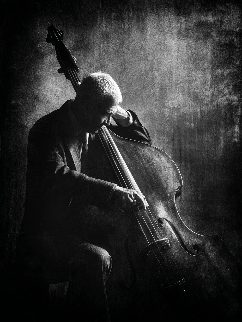Músico idoso tocando contrabaixo em retrato dramático