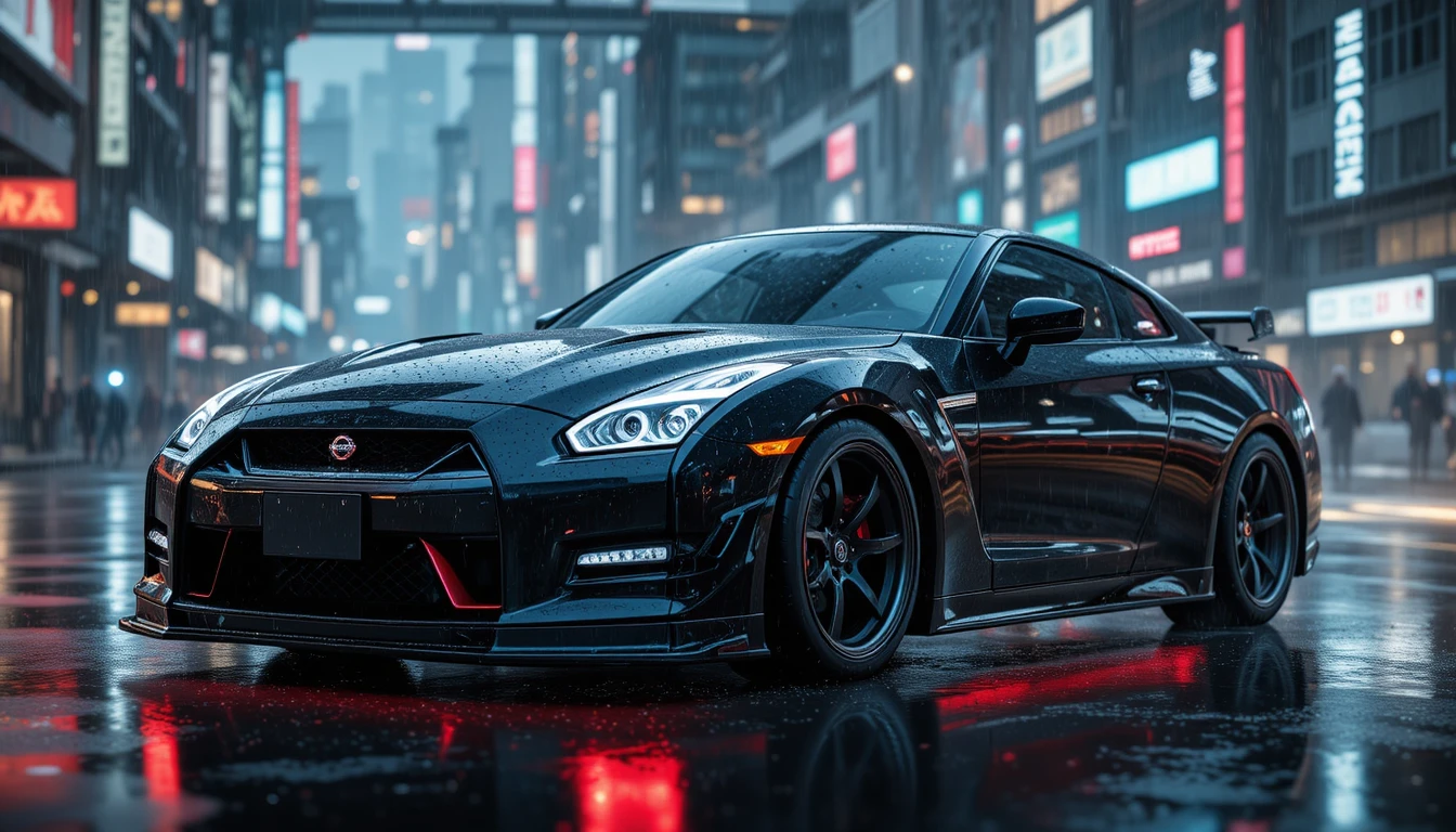 Carro esportivo preto com luzes vermelhas em cidade futurista chuvosa