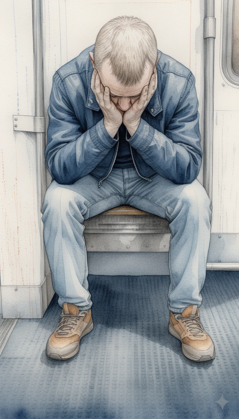 Croquis d’homme le visage dans les mains sur un banc de métro