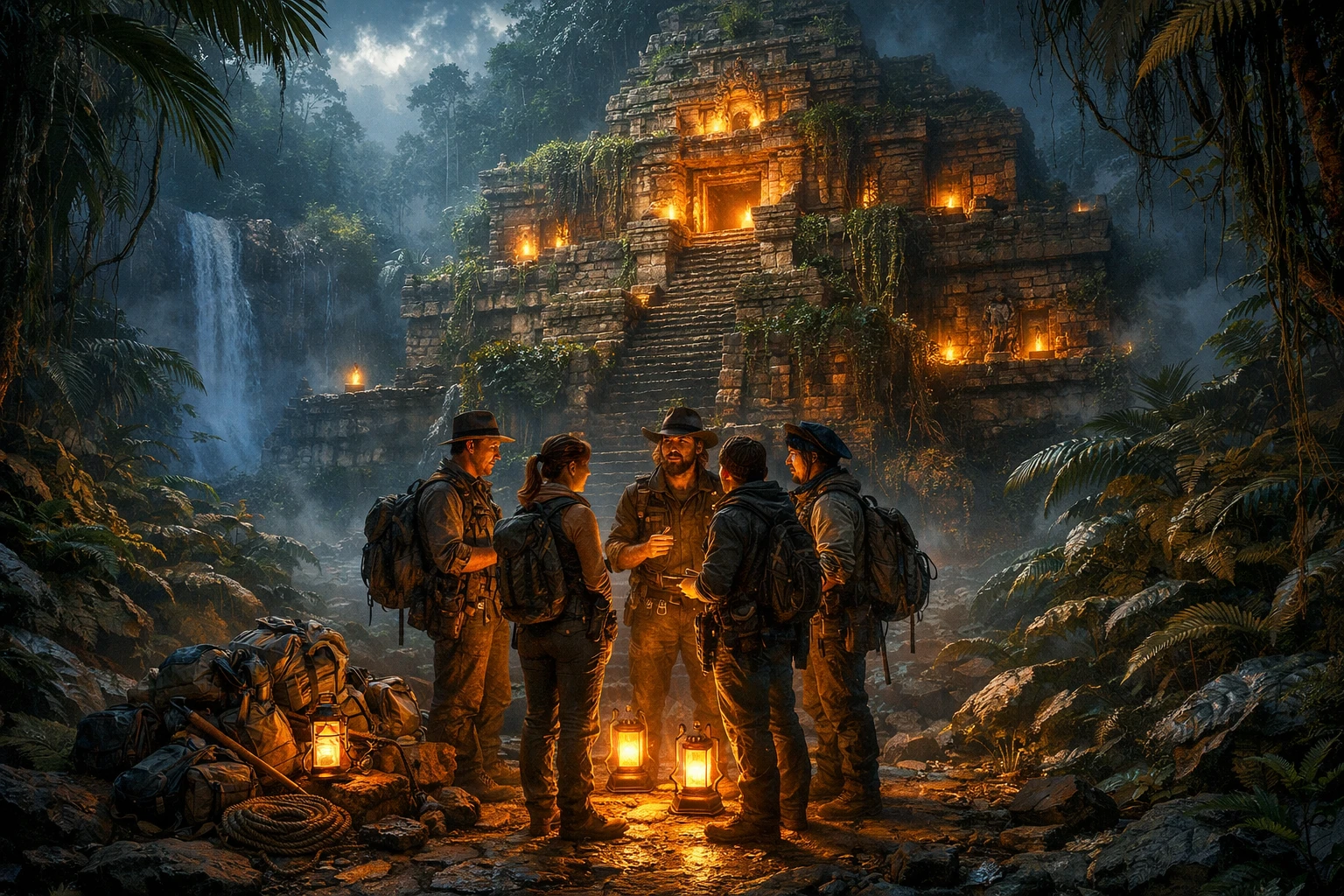 Adventurers Gather Before An Ancient Jungle Temple At Night