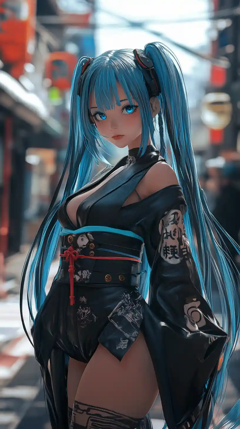 Anime girl with blue eyes posing in a public space