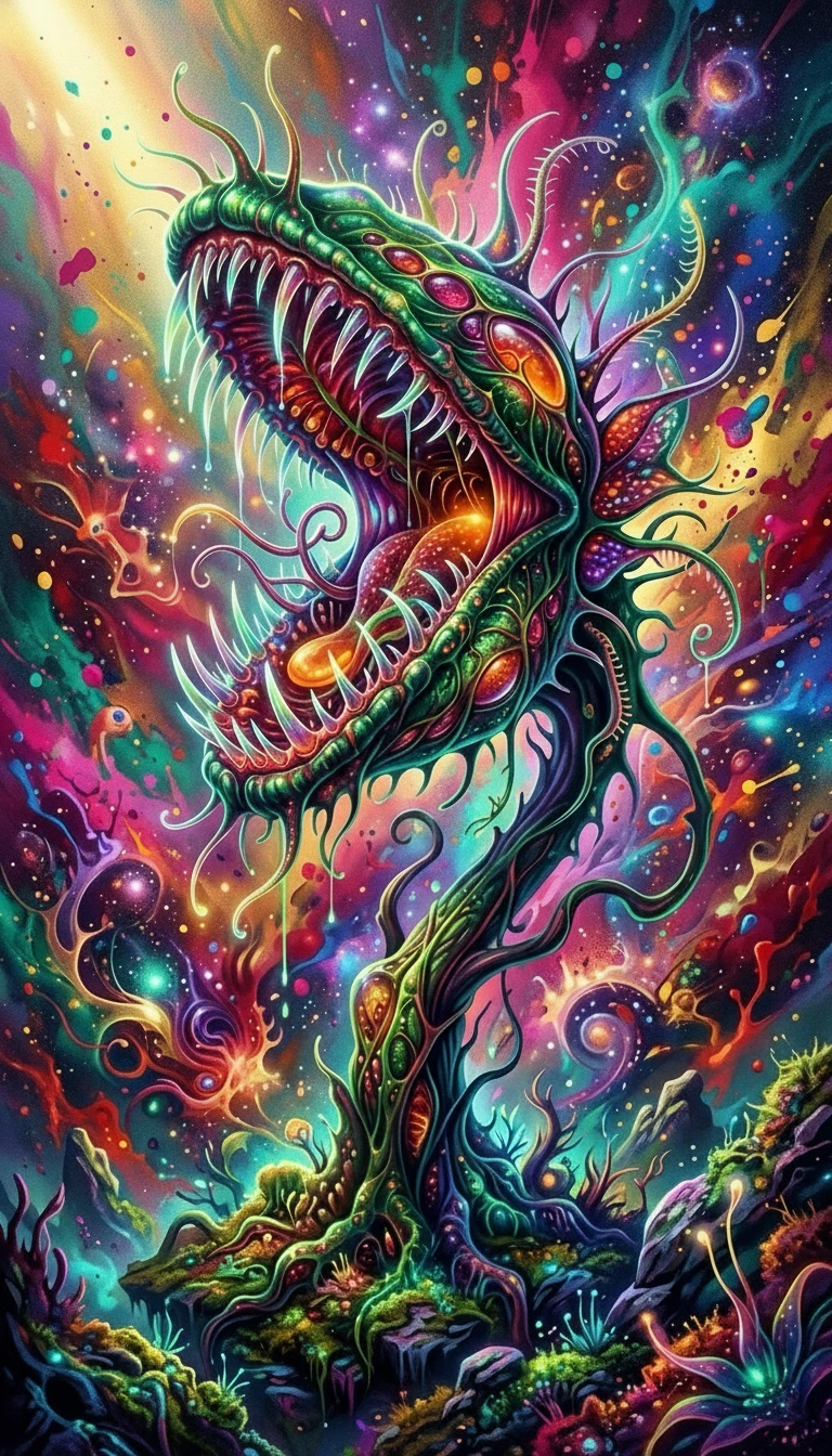 Vibrant surreal carnivorous plant in glowing jewel toned colors
