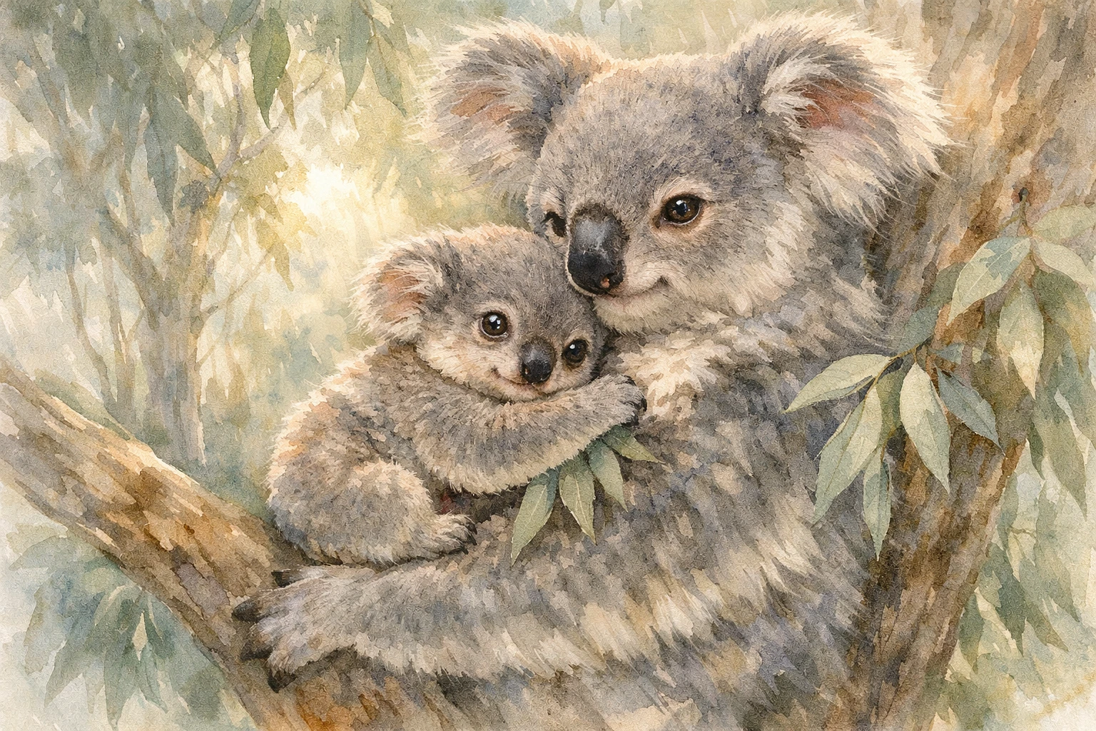 Filhote de coala abraçado à mãe em uma suave floresta em aquarela