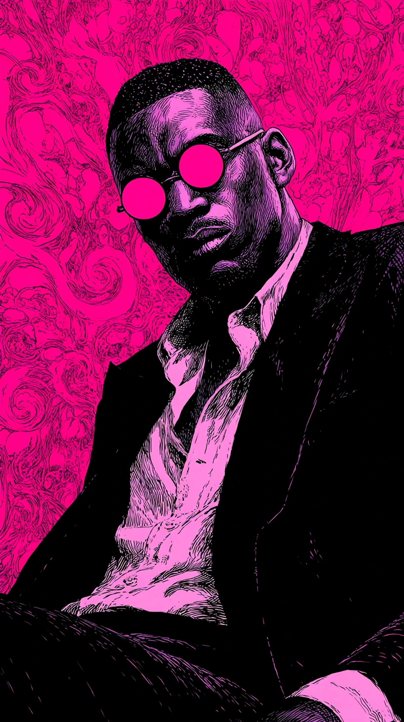 Uomo intenso con occhiali da sole rosa su sfondo fucsia al neon