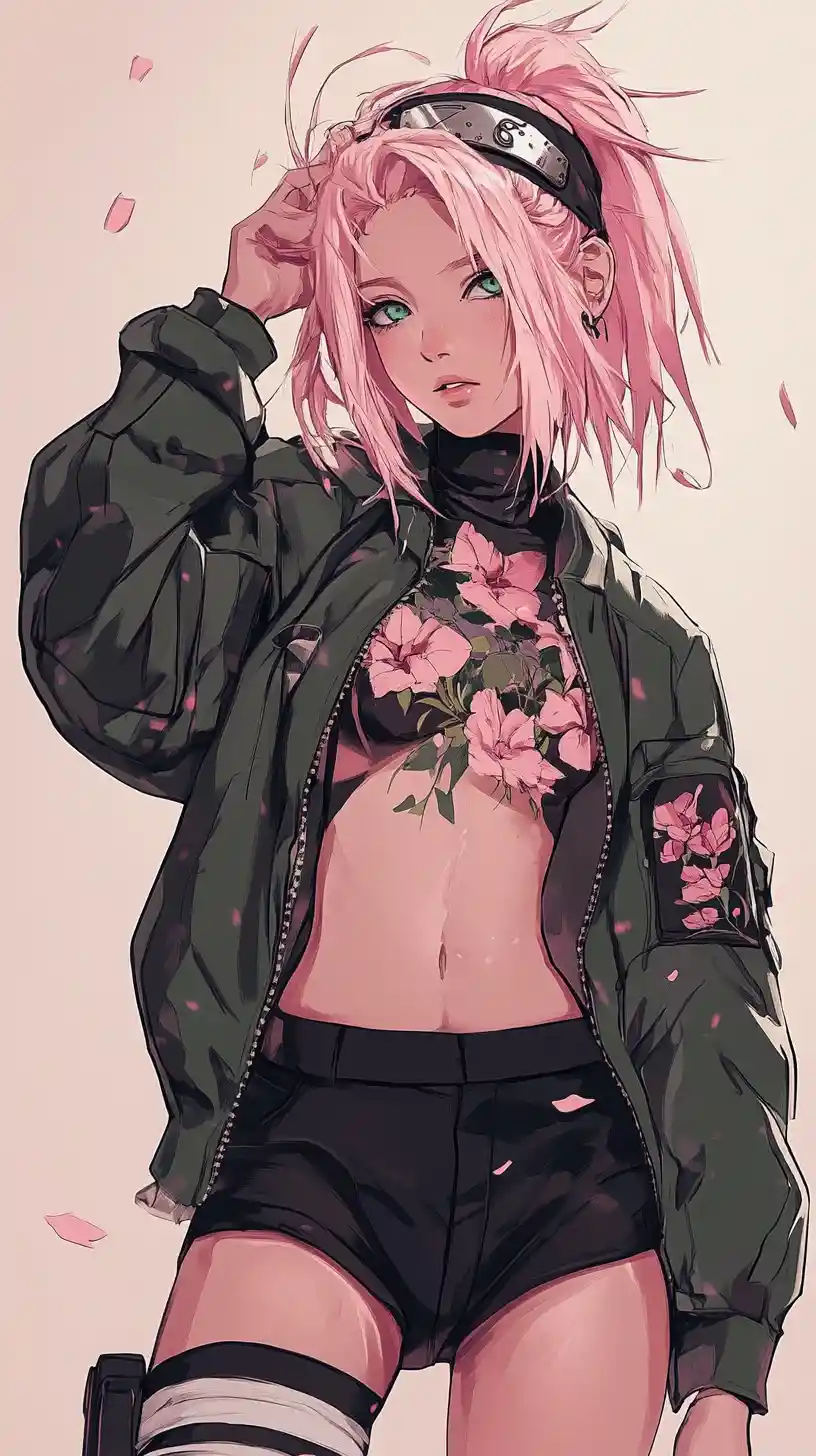 Anime girl in aviator jacket amid vivid cherry blossoms