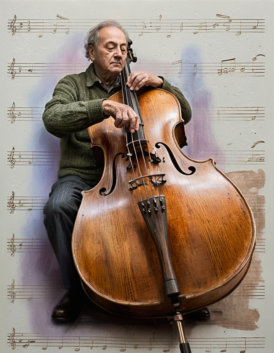 Contrabaixista idoso perdido em uma música cheia de alma