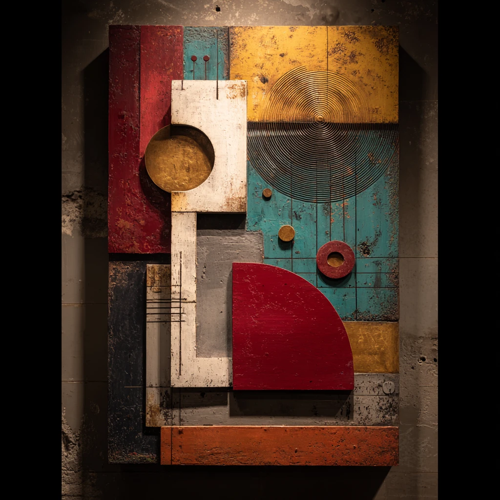 Astratto verticale mixed media con forme geometriche stratificate