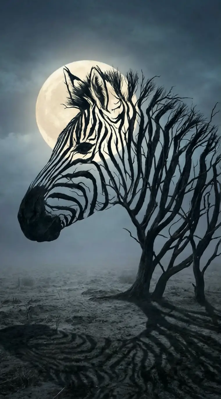 Surreales Zebra-Profil aus kahlen mondbeschienenen Bäumen