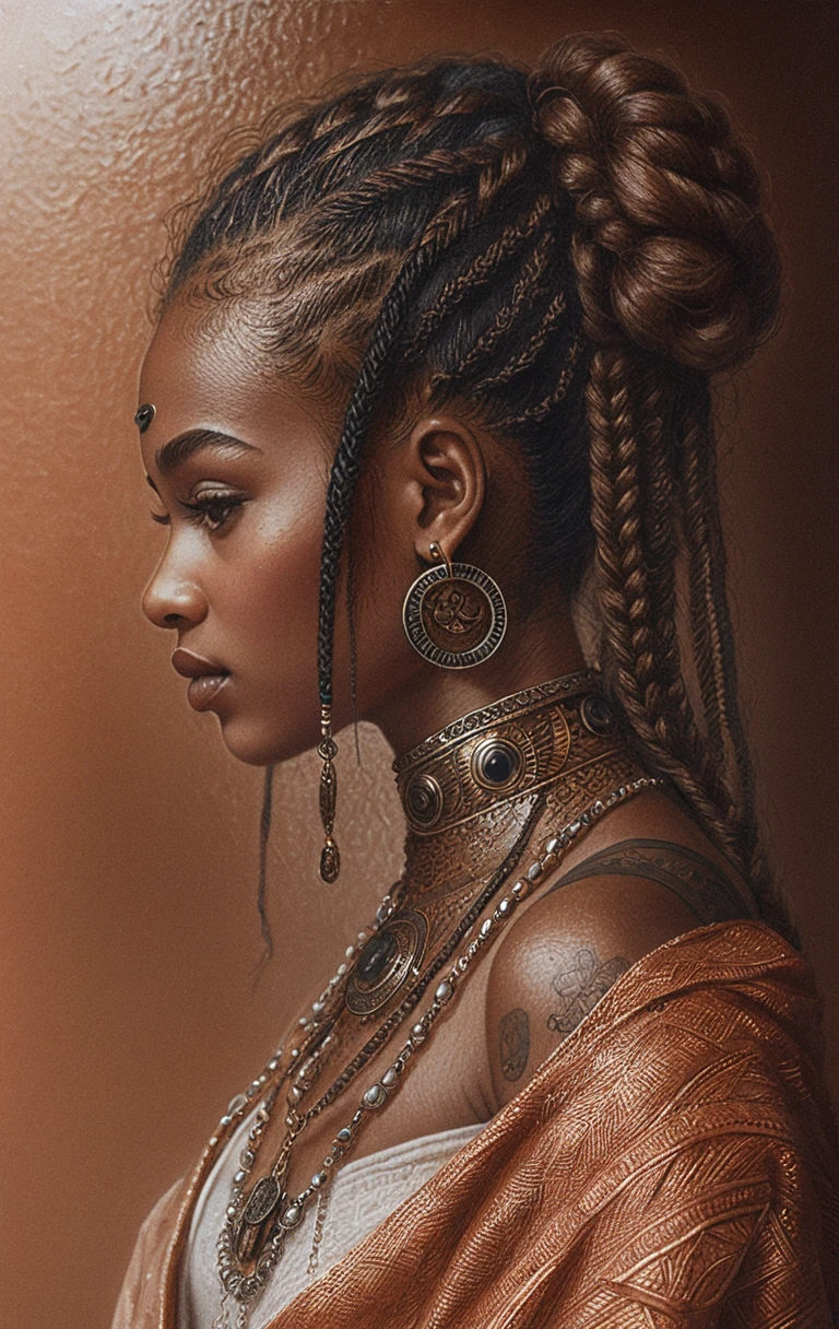 Pencil profile portrait of a braided warrior woman
