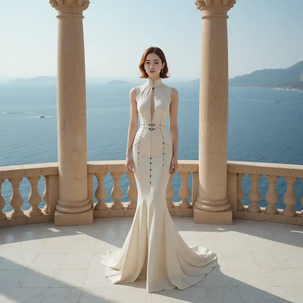 地中海露台上的優雅象牙色禮服女子
