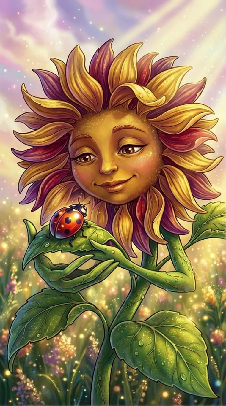 Girasol antropomórfico acariciando suavemente una diminuta mariquita