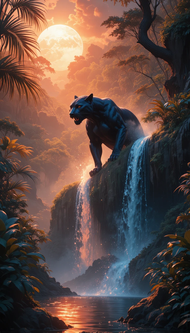 Black panther emerging from a waterfall at tropical sunset