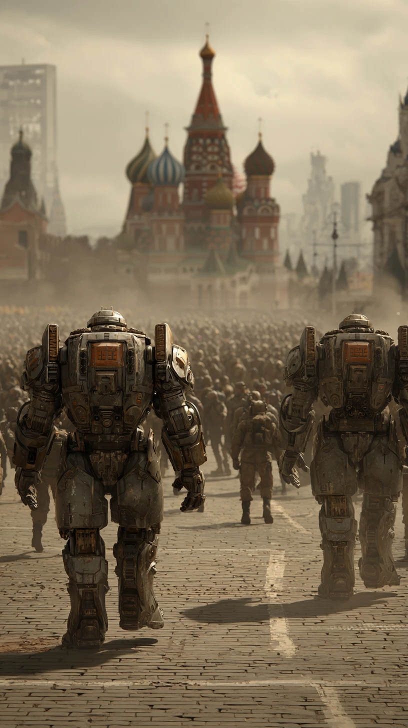 Mech futuristici in scontro con soldati nella piazza di Mosca