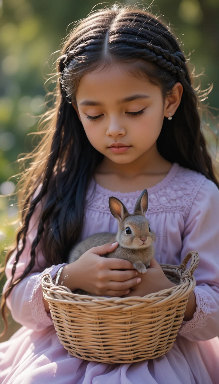 Ragazza con abito color lavanda che tiene un piccolo coniglio in un cestino