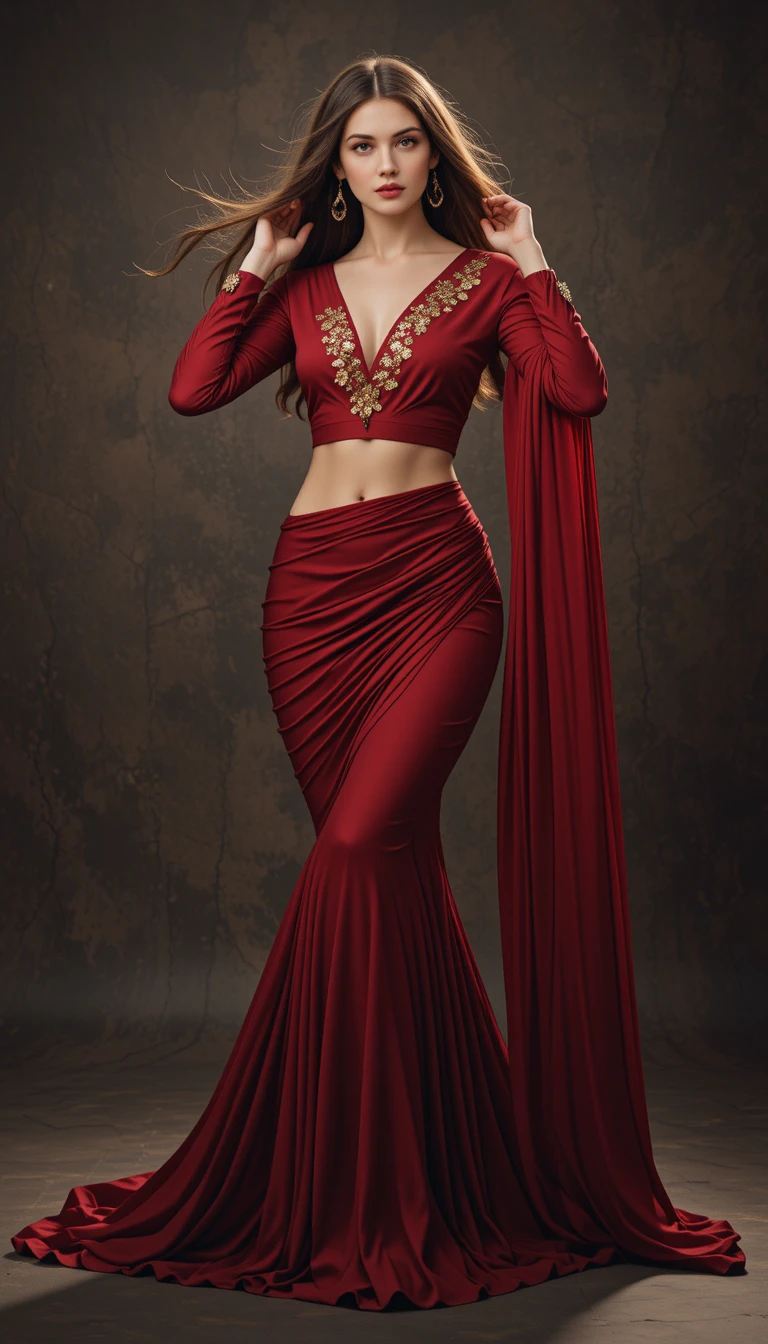 Elegant woman in crimson fusion outfit with flowing draped skirt