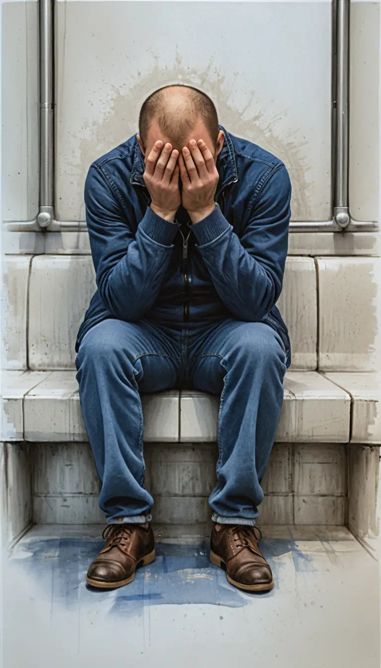 Man sitting on subway bench with face buried in hands