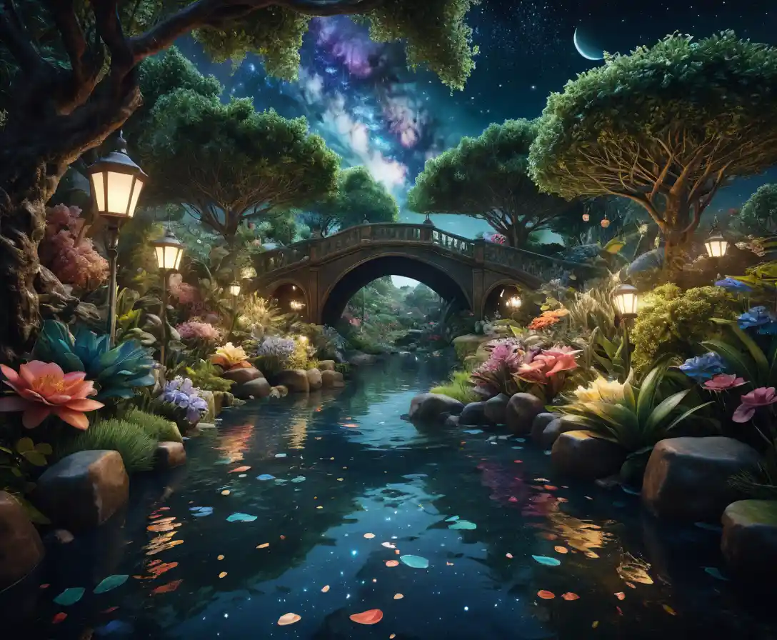 Surrealer Paradiesgarten unter einem himmlischen, sternenübersäten Himmel