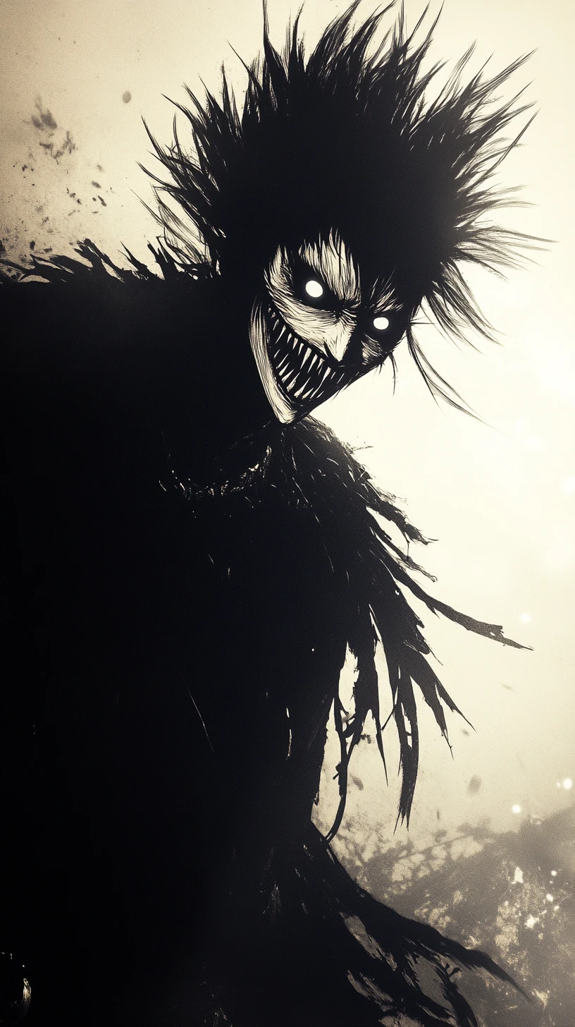 Monstro de anime sinistro em uma paisagem monocromática desolada
