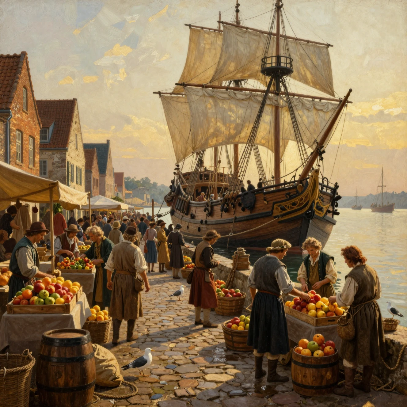 Bustling Seventeenth Century Harbor Market At Golden Hour