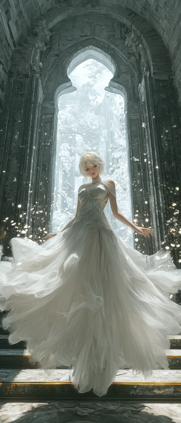 Ethereal anime bride floating in a ruined cathedral