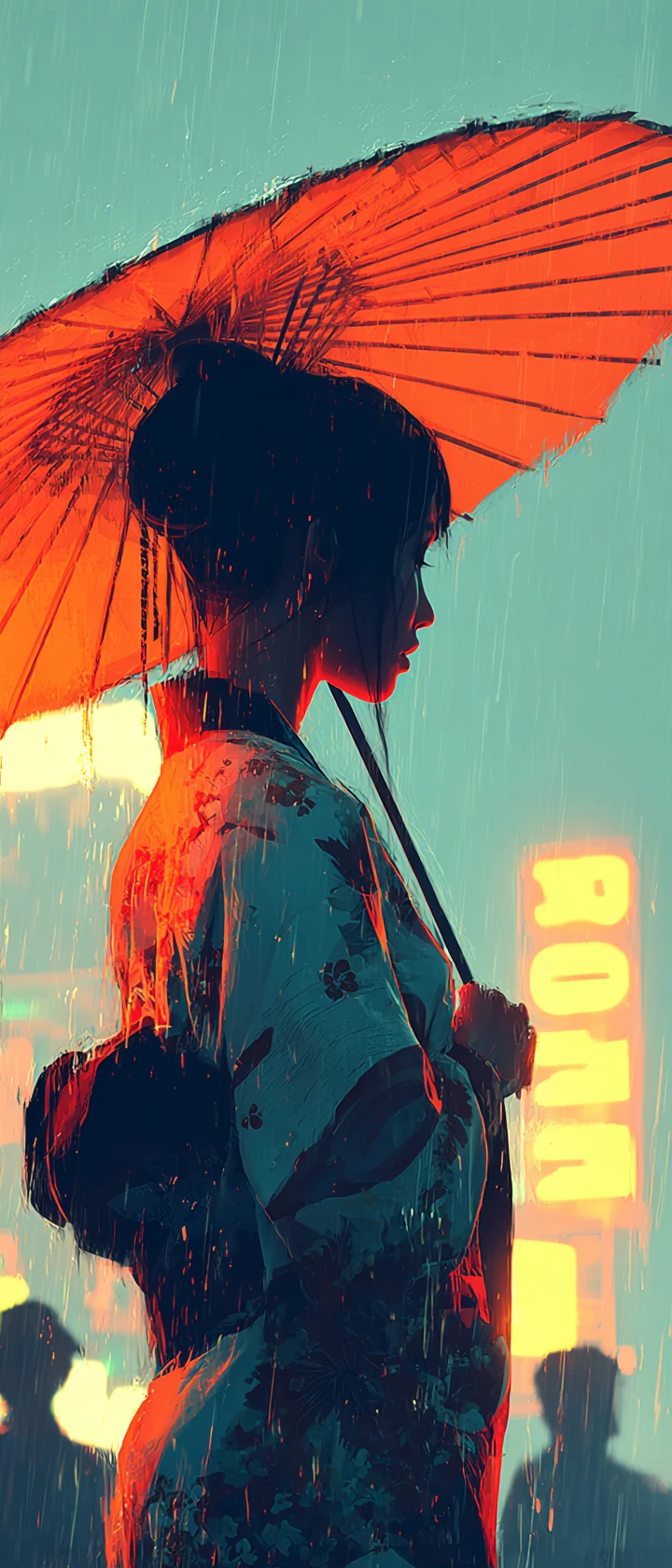 Geisha cibernética bailando en un puente de vidrio entre la ciudad y el cosmos