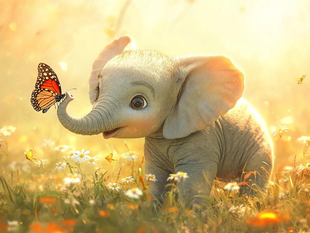 Süßes Elefantenbaby mit Schmetterling in sonniger Savanne