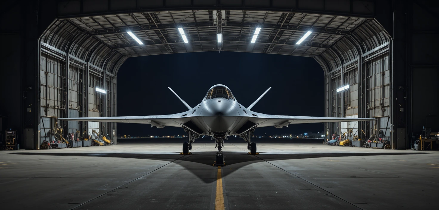 Bombardeiro stealth em hangar militar com iluminação suave