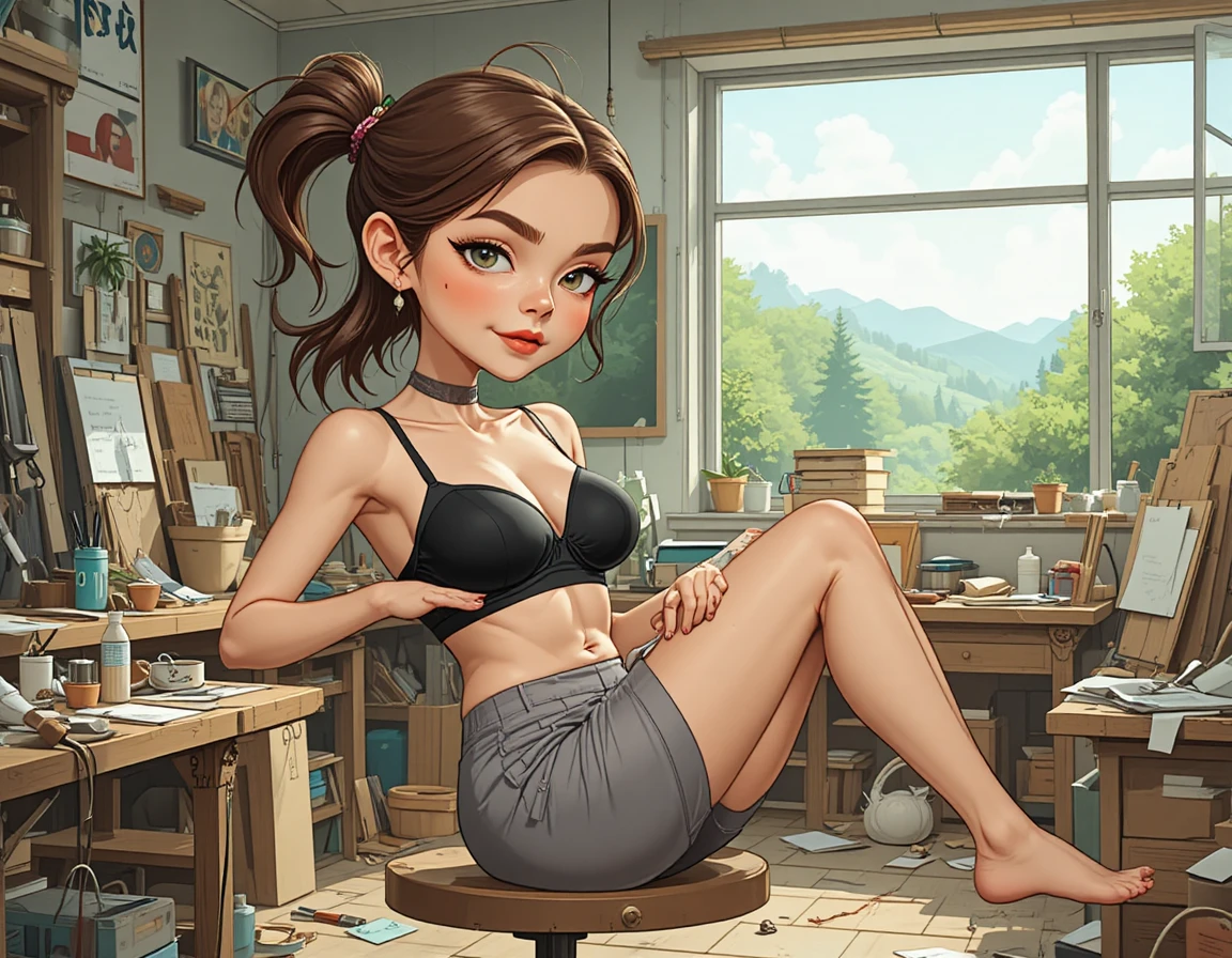 Junge Frau, die sich in einem unaufgeräumten Werkstattstudio dehnt