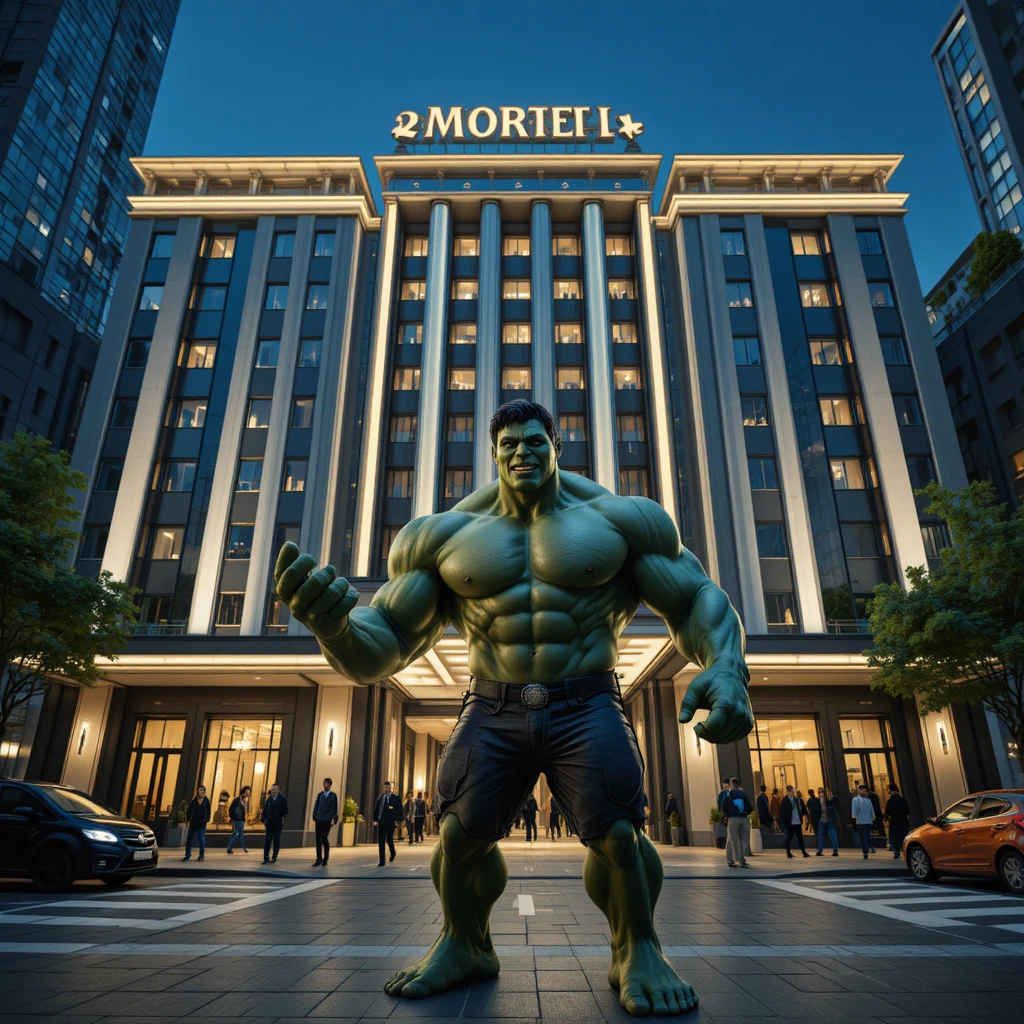 Super‑herói verde admirando um hotel de luxo à noite