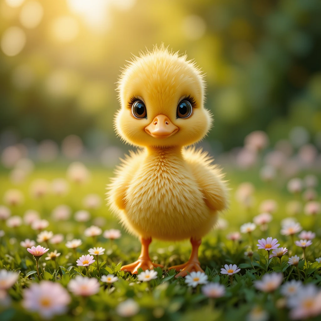 Adorable patito amarillo sobre césped con flores silvestres