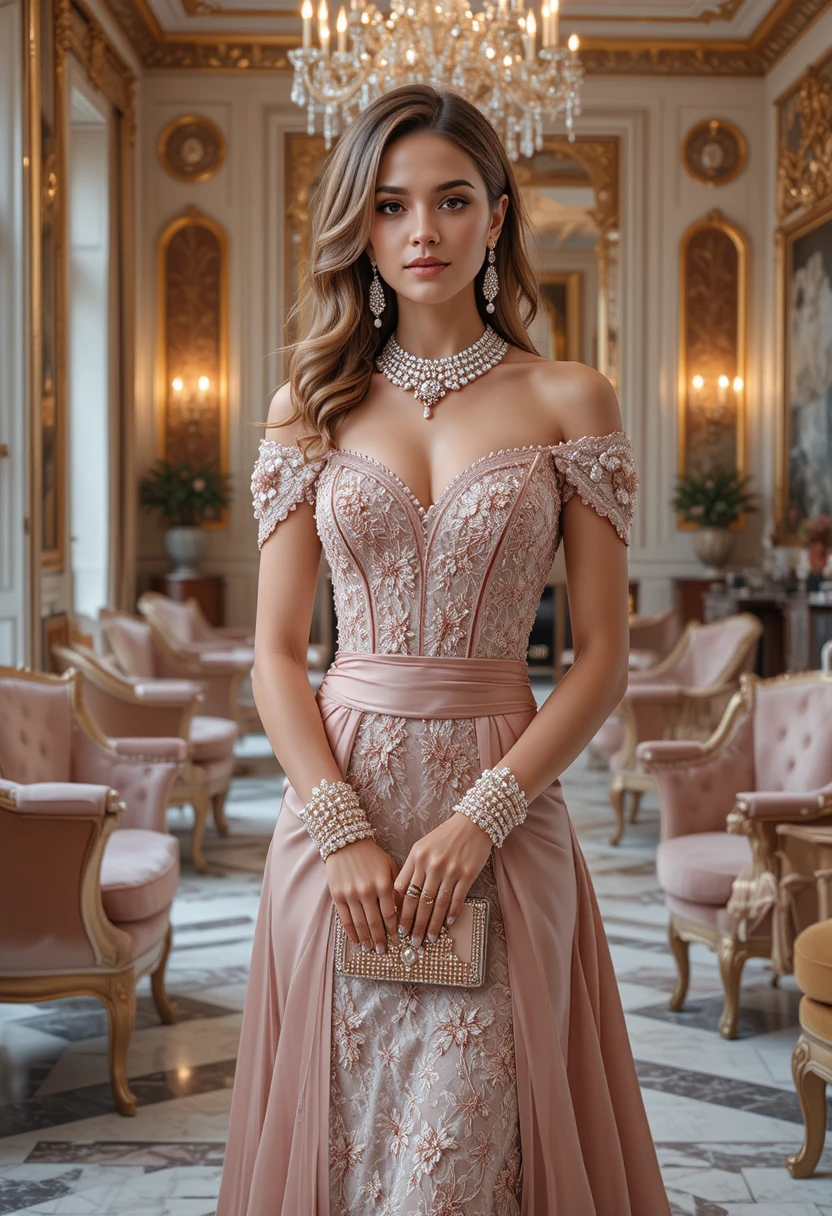 Elegante modella di moda in completo couture rosa cipria