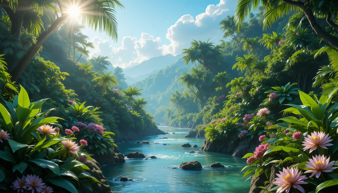 Sunlit tropical forest river with lush green foliage