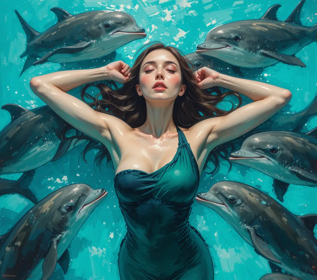 Relaxed woman floating in turquoise water with sharks