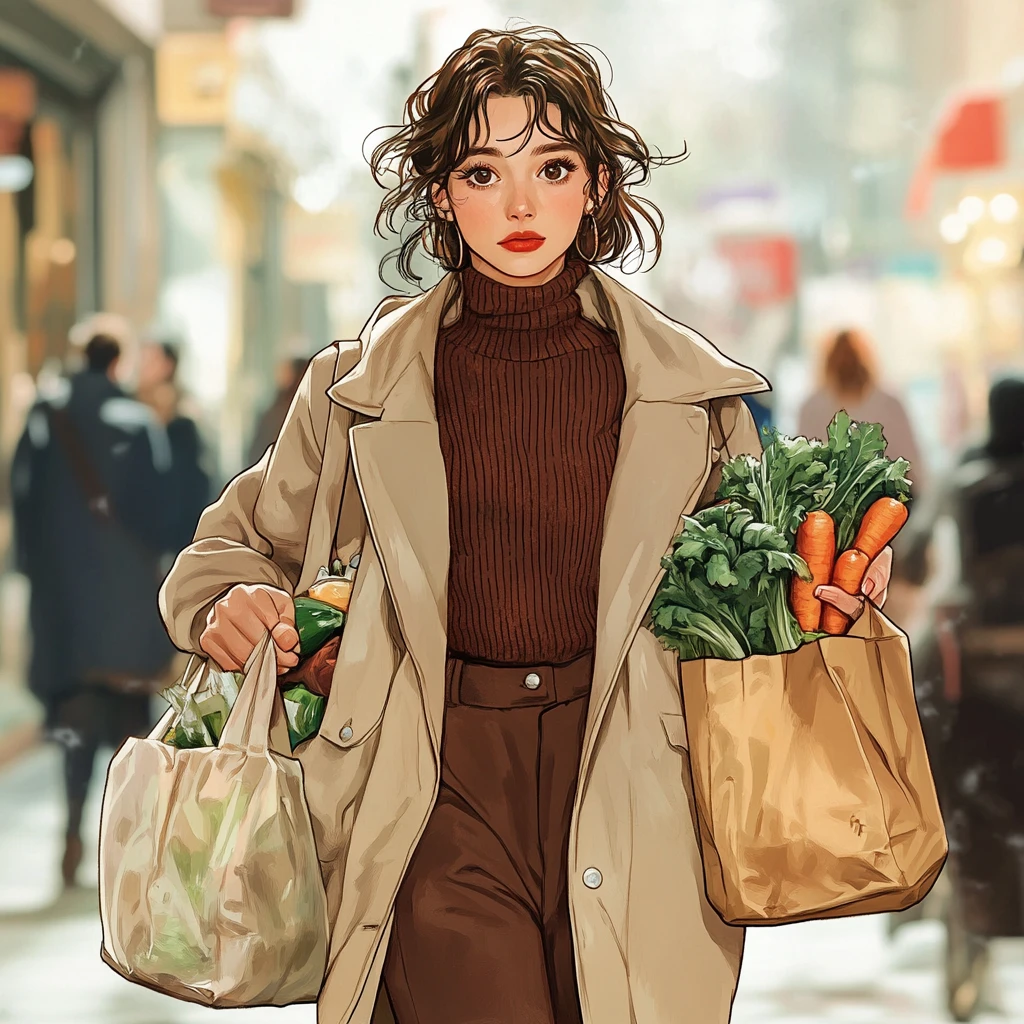 Tired woman carrying grocery bags on a busy city street