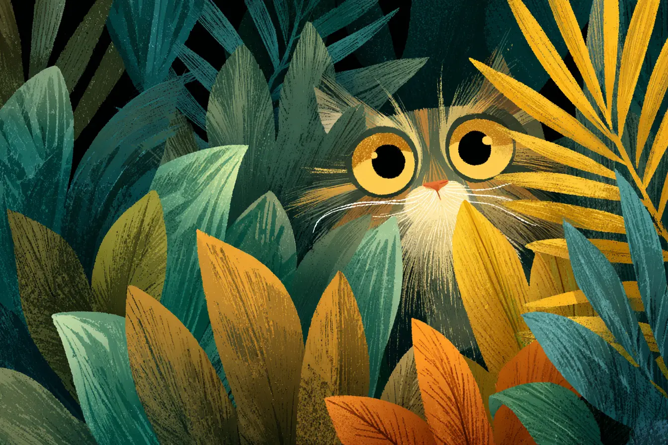 Fluffy cat peeking through lush jungle foliage illustration