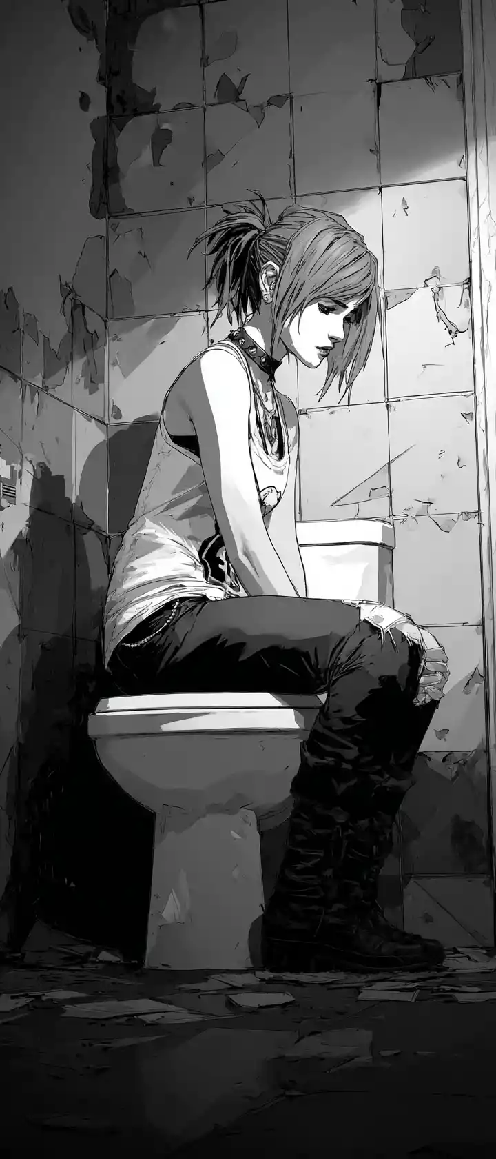 Porträt eines Emo-Mädchens in einem verfallenen schwarz-weißen Badezimmer