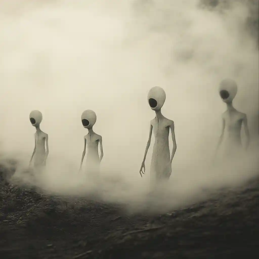 Surreal aliens wandering through mist in an underground base