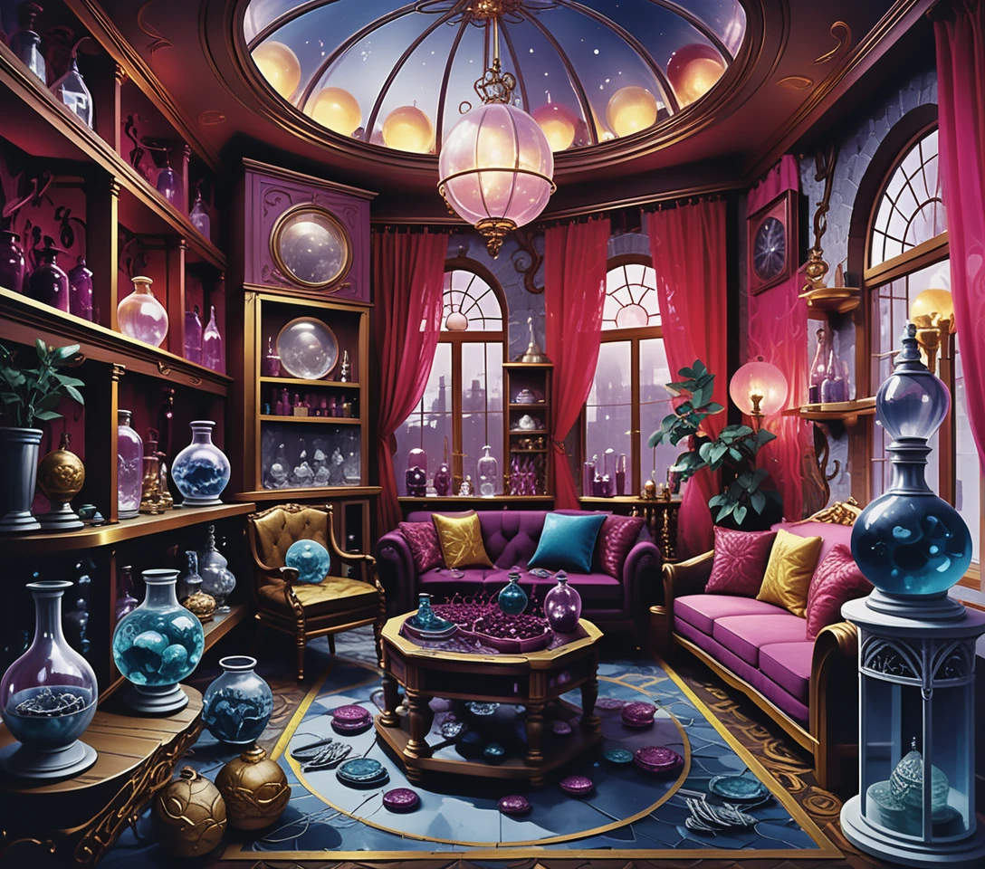 Interior estilizado em 3D de casa de comerciante de fantasia de dois andares