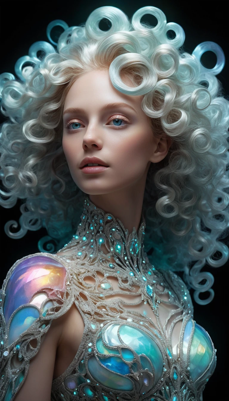 Mulher celestial com cabelo espumoso e brilhante em um vazio cósmico