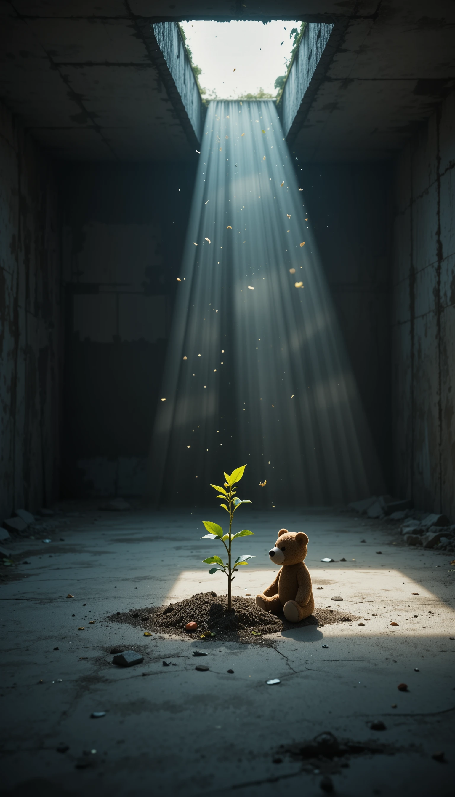 Broto iluminado pelo sol e ursinho de pelúcia em um porão abandonado
