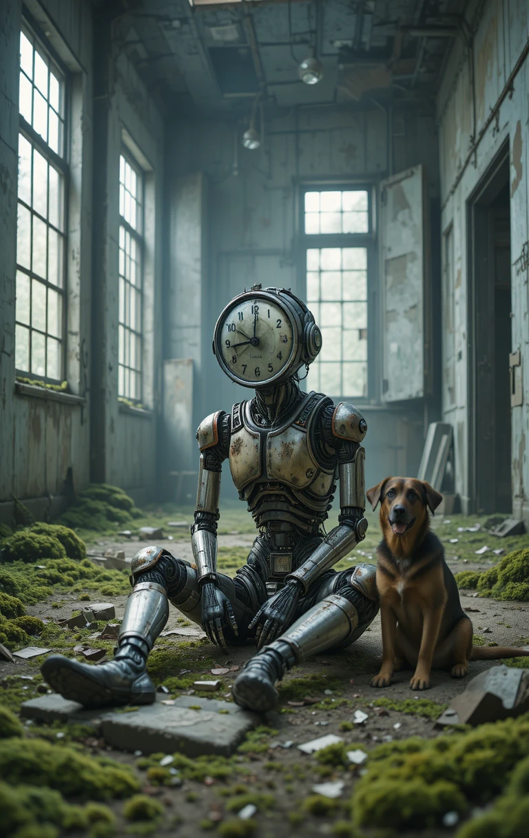 Robô humanóide com cabeça de relógio em interior urbano decadente