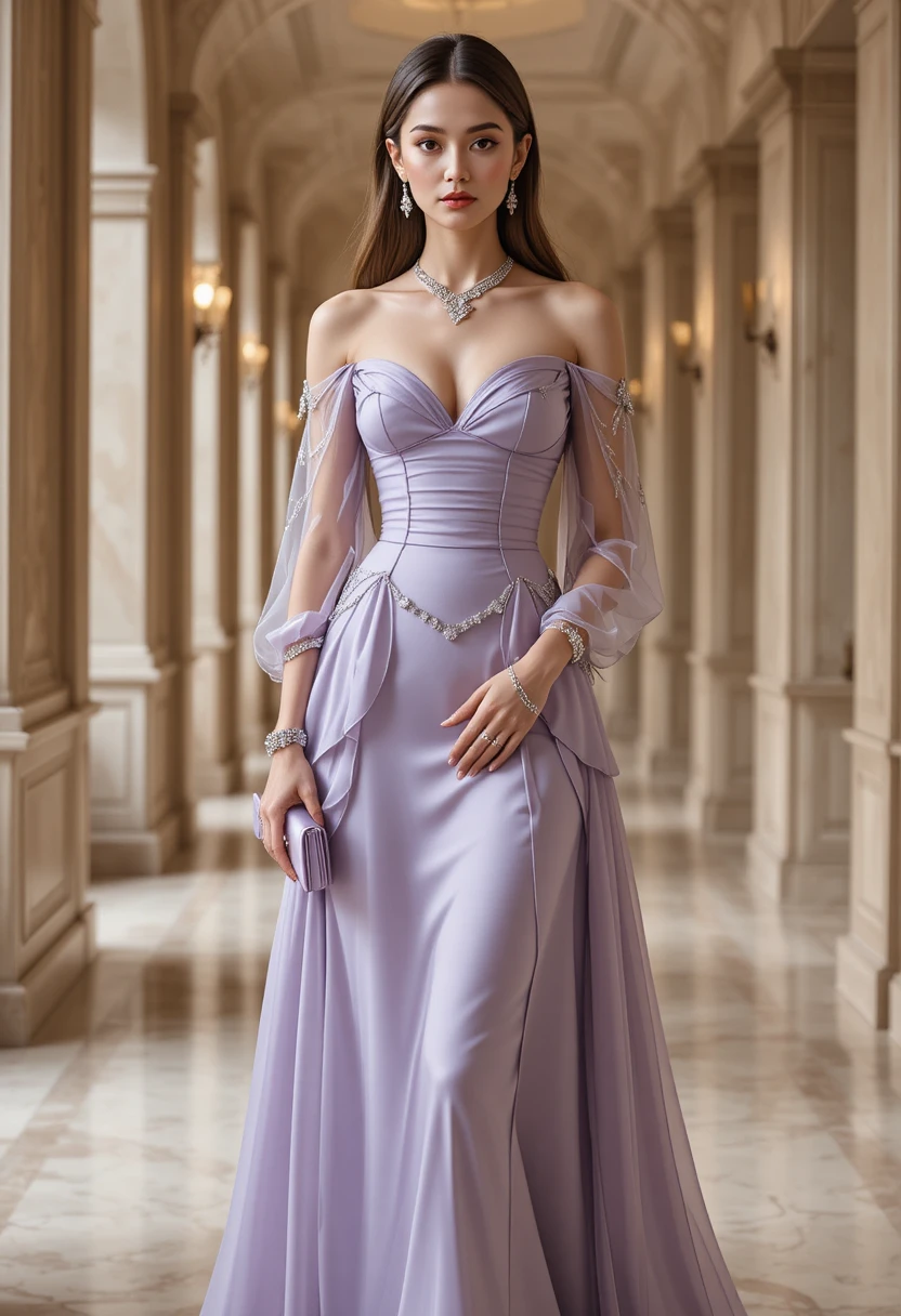 Elegant woman in lavender couture in luxury hotel corridor