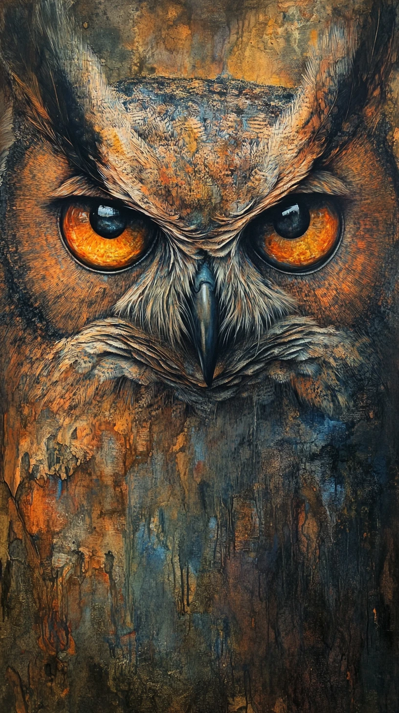 Coruja abstrata com grandes olhos reflexivos em pintura de mídia mista